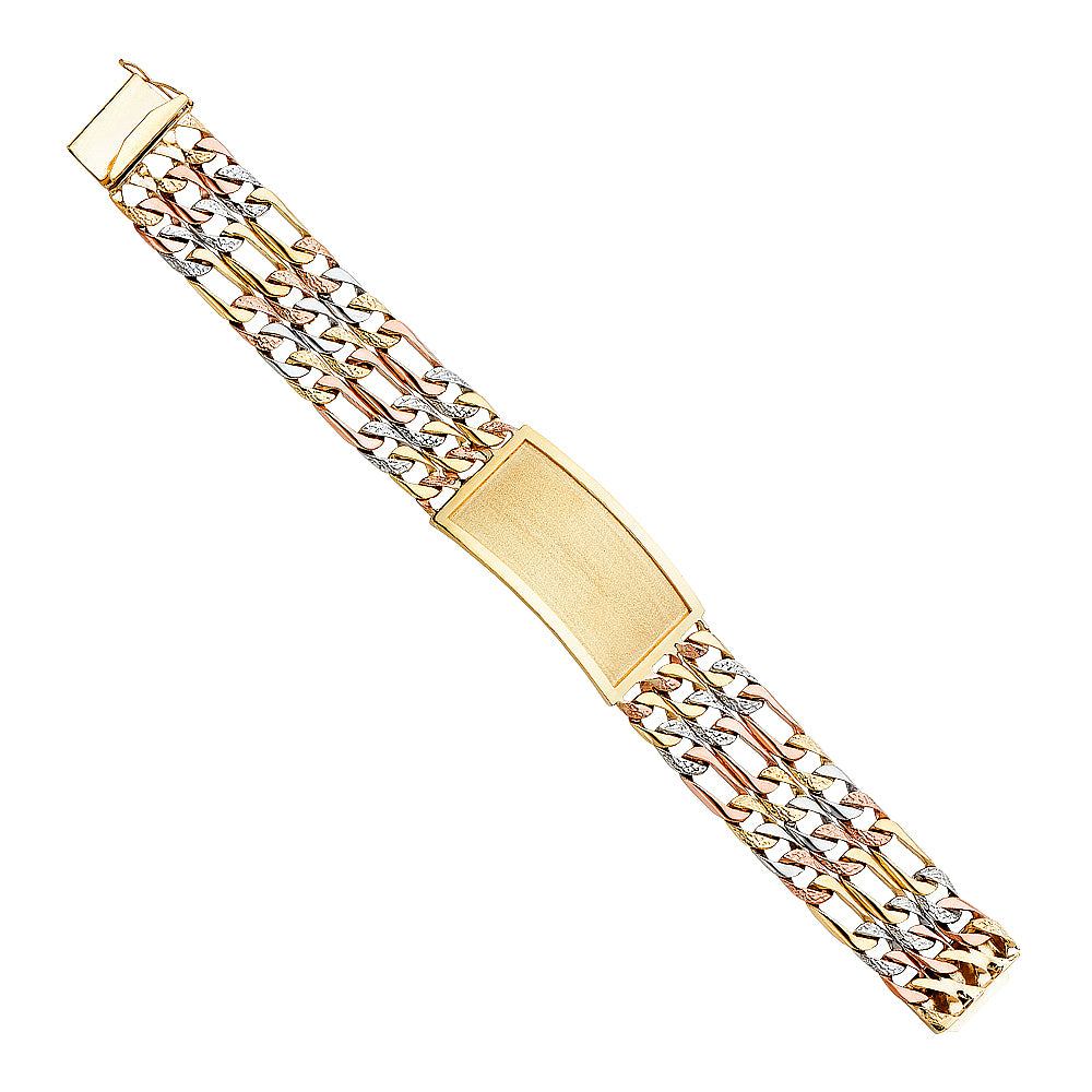 14K Tri-Color Gold 3-Line Figaro ID Plate Men’s Bracelet-23mm Wide total width of the combined chains