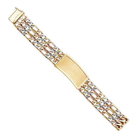 14K Tri-Color Gold 3-Line Figaro ID Plate Men’s Bracelet-23mm Wide total width of the combined chains