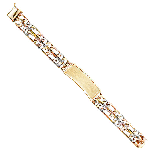 14K Tri-Color Gold 2-Line Figaro ID Plate Men’s Bracelet-14.5mm Wide total width of the combined chains