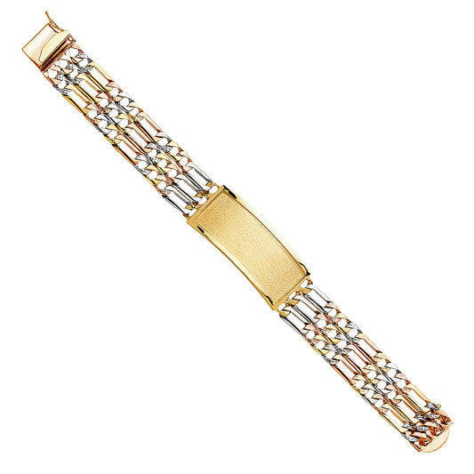 14K Tri-Color Gold 3-Line Figaro ID Plate Men’s Bracelet-17.5mm Wide total width of the combined chains