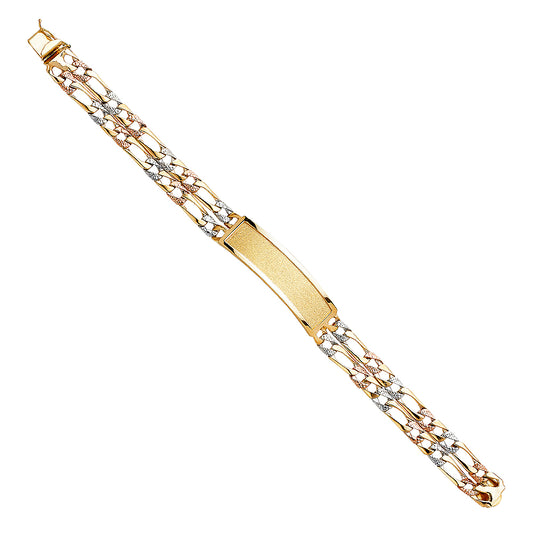 14K Tri-Color Gold 2-Line Figaro ID Plate Men’s Bracelet-12mm Wide total width of the combined chains