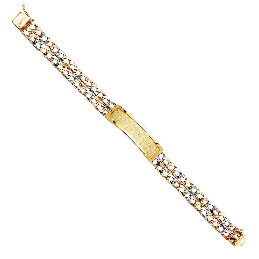 14K Tri-Color Gold 2-Line Cuban ID Plate Men’s Bracelet-12mm Wide total width of the combined chains