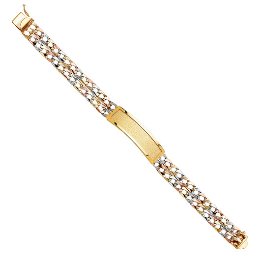 14K Tri-Color Gold 2-Line Cuban ID Plate Men’s Bracelet-12mm Wide total width of the combined chains