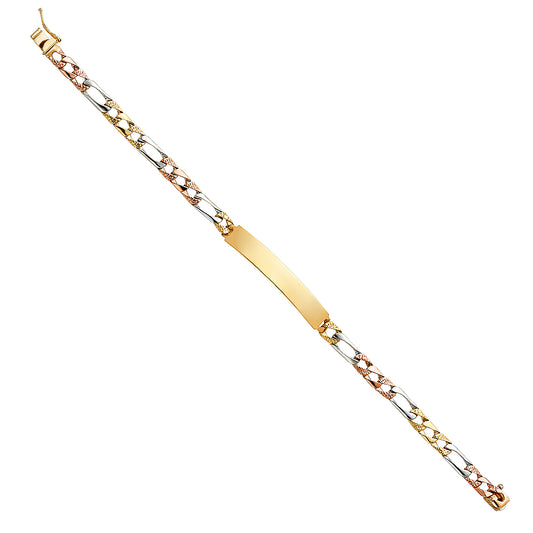 14K Tri-Color Gold Figaro ID Plate Men’s Bracelet-5.5mm Wide