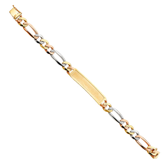 14K Tri-Color Gold Figaro ID Plate Men's Bracelet-9.5mm Wide