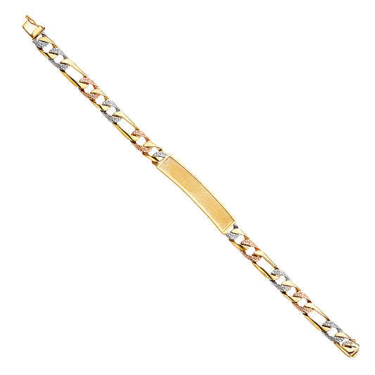 14K Tri-Color Gold Figaro Link Men’s ID Plate Bracelet-7.5mm Wide