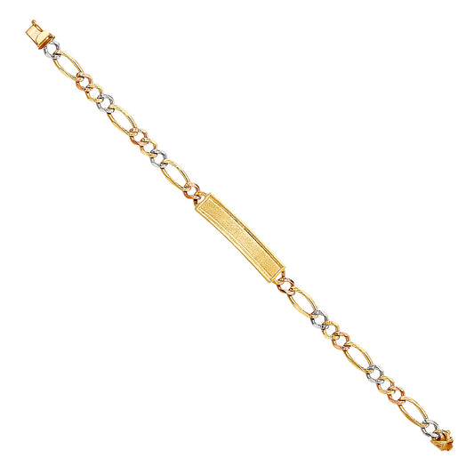 14K Tri-Color Gold Figaro ID Plate Men’s Bracelet-6.5mm Wide