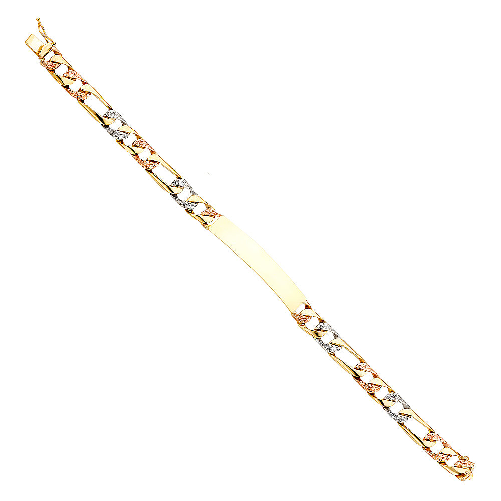14K Tri-Color Gold Figaro Link Men’s ID Plate Bracelet-7.5mm Wide