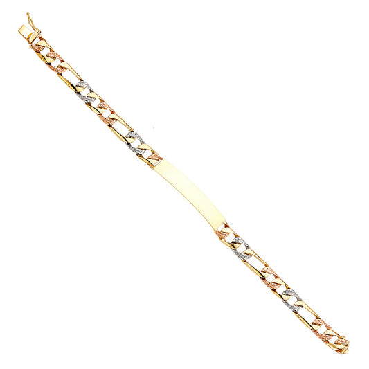 14K Tri-Color Gold Figaro Link Men’s ID Plate Bracelet-7.5mm Wide