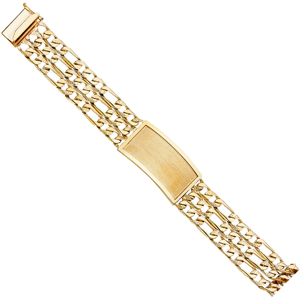 14K Yellow Gold 3-Line Figaro Link ID Plate Men's Bracelet-23mm Wide total width of the combined chains