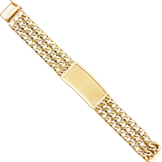 14K Yellow Gold 3-Line Cuban Link ID Plate Men's Bracelet-23.5mm Wide total width of the combined chains