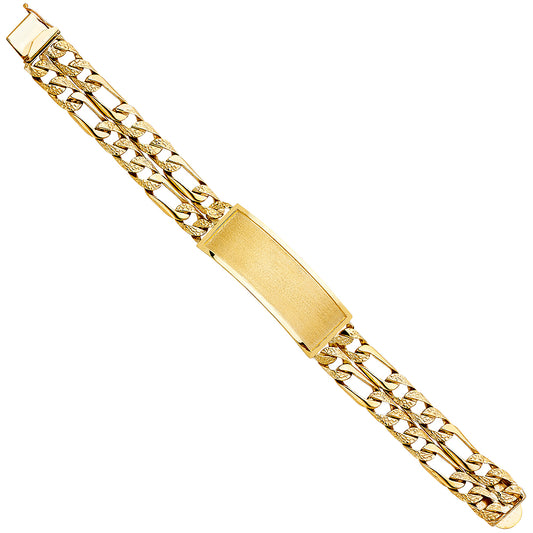 14K Yellow Gold 2-Line Figaro Link ID Plate Men's Bracelet-15.5mm Wide total width of the combined chains
