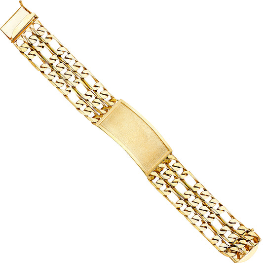 14K Yellow Gold 3-Line Figaro Link ID Plate Men's Bracelet-23mm Wide total width of the combined chains