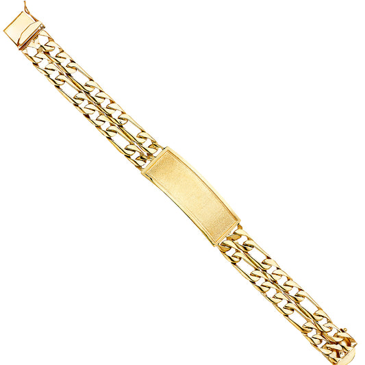 14K Yellow Gold 2-Line Figaro Link ID Plate Men's Bracelet-15mm Wide total width of the combined chains