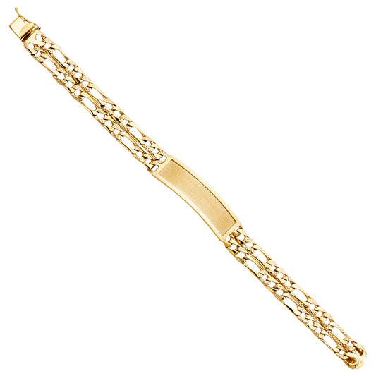14K Yellow Gold 2-Row Light-Weight Figaro Link Men’s ID Bracelet-12mm Wide total width of the combined chains