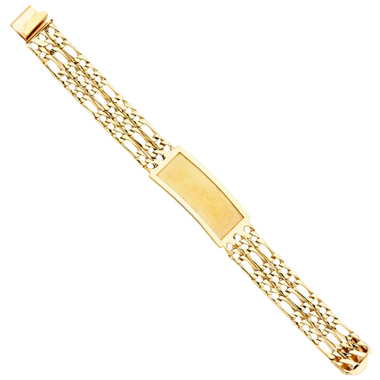 14K Yellow Gold 3-Row Light-Weight Figaro Link Men’s ID Bracelet-18mm Wide total width of the combined chains