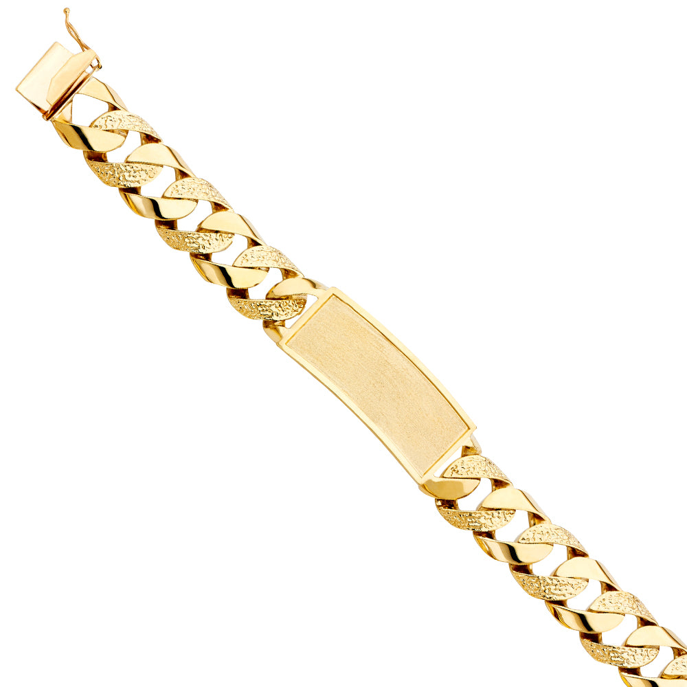 Men’s 14K Yellow Gold Polished/ Nugget Finished Curb Link Framed-ID Bracelet-17mm Wide