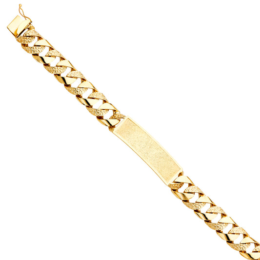 Men’s 14K Yellow Gold Polished/ Nugget Finished Curb Link Framed-ID Bracelet-15.5mm Wide