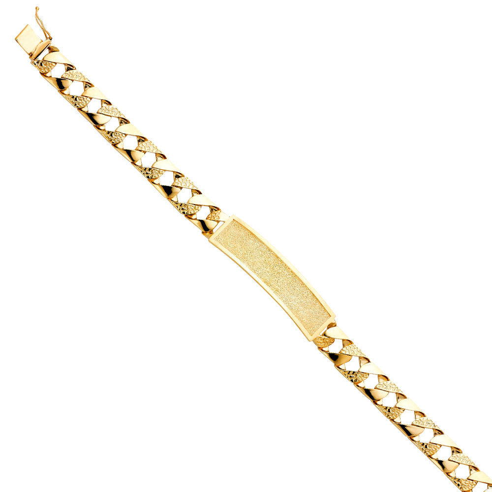 Men’s 14K Yellow Gold Polished/ Nugget Finished Curb Link Framed-ID Bracelet-10mm Wide