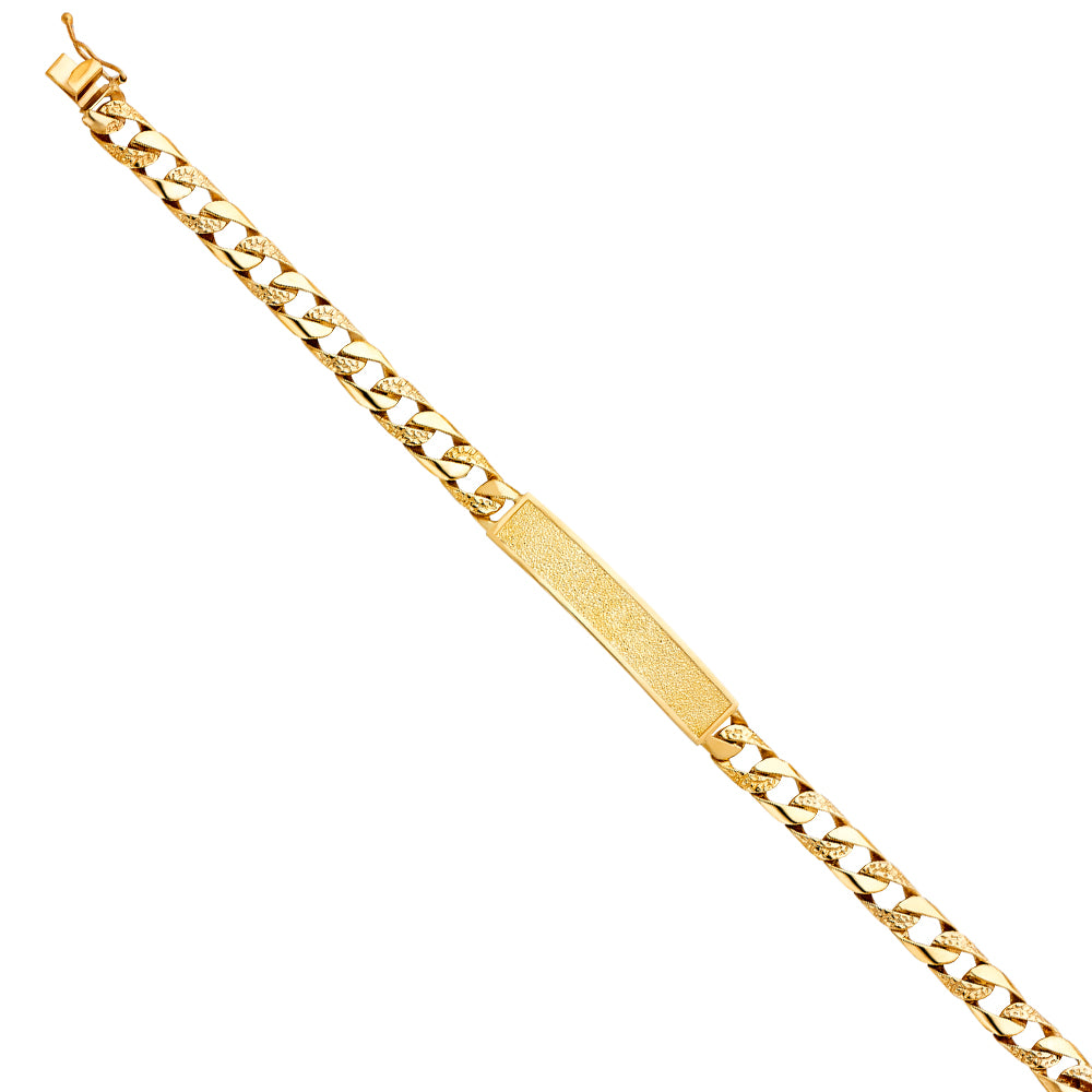 Men’s 14K Yellow Gold Polished/ Nugget Finished Curb Link Framed-ID Bracelet-7.5mm Wide