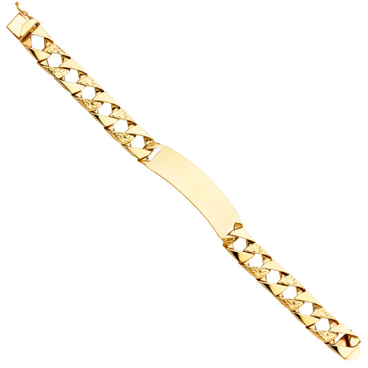 14K Yellow Gold Men’s Polish / Nugget Finished Curb Link ID Plate Bracelet-11.5mm Wide
