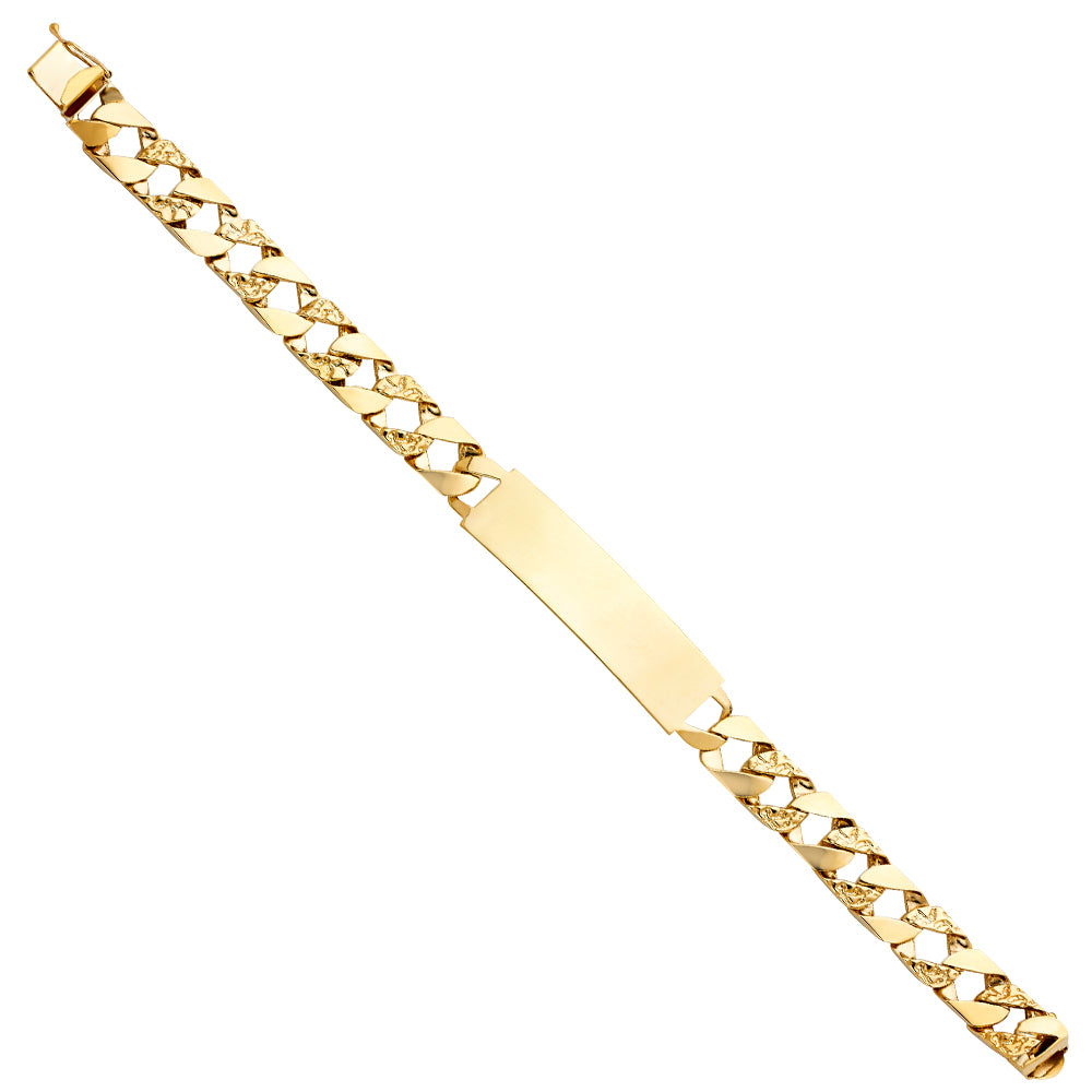 14K Yellow Gold Men’s Polish / Nugget Finished Curb Link ID Plate Bracelet-9.5mm Wide