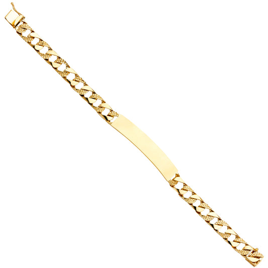 14K Yellow Gold Men’s Polish / Nugget Finished Curb Link ID Plate Bracelet-8.5mm Wide