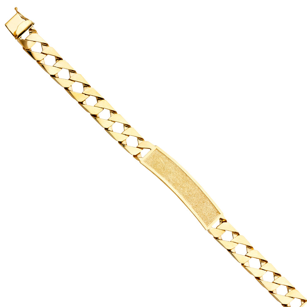 14K Yellow Gold Men’s Curb Link Sandblast Finished ID Plate Bracelet-11mm Wide