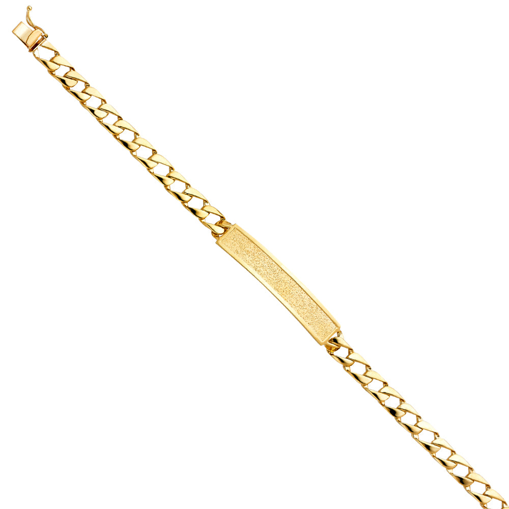 14K Yellow Gold Men’s Curb Link Sandblast Finished ID Plate Bracelet-6.5mm Wide
