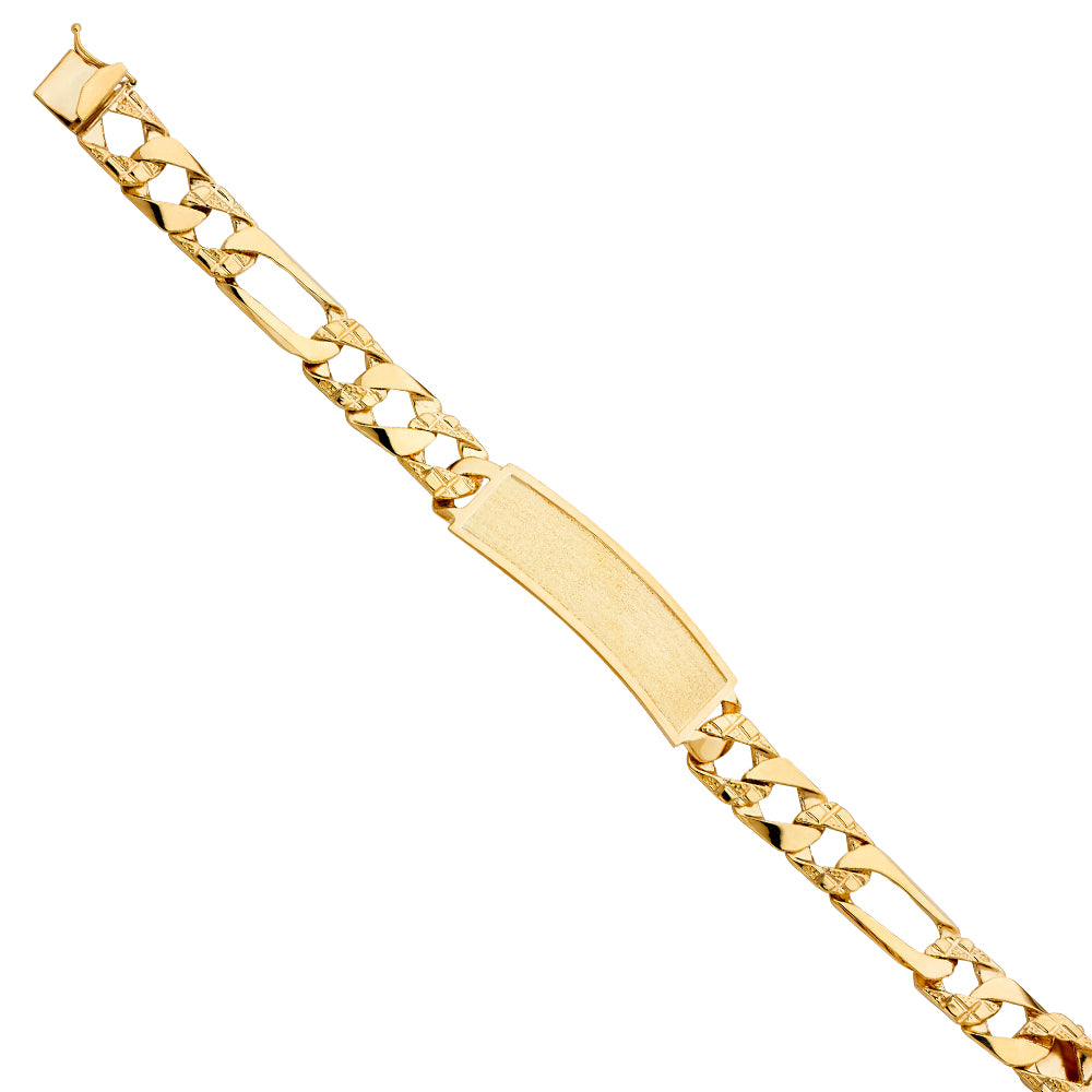 14K Yellow Gold Men’s Figaro Link Sandblast ID Plate Bracelet-11mm Wide