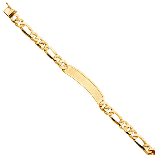 14K Yellow Gold Men’s Figaro Link Sandblast ID Plate Bracelet-9.5mm Wide