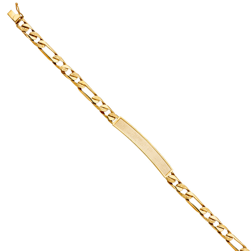 14K Yellow Gold Men’s Figaro Link Sandblast ID Plate Bracelet-7.5mm Wide