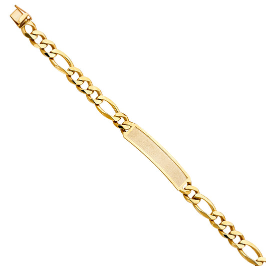 14K Yellow Gold Men’s Figaro Link Sandblast ID Plate Bracelet-9.5mm Wide