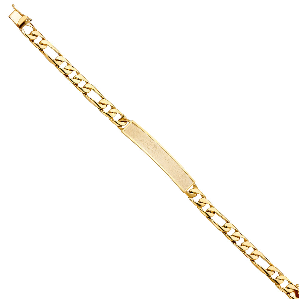 14K Yellow Gold Men’s Figaro Link Sandblast ID Plate Bracelet-7.5mm Wide