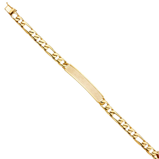 14K Yellow Gold Men’s Figaro Link Sandblast ID Plate Bracelet-7.5mm Wide