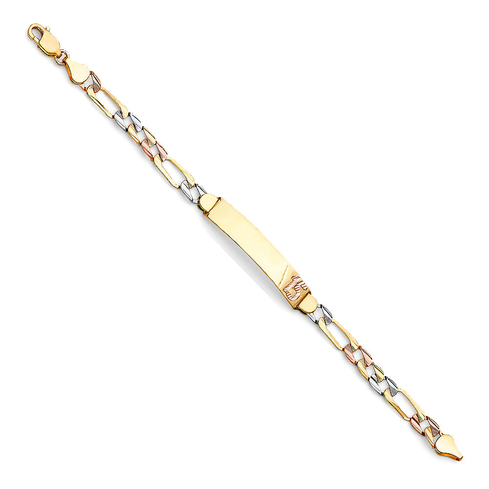 14K Tri-Color Gold Quinceañera ID Bracelet with Number “15” Accent and Figaro Chain Links