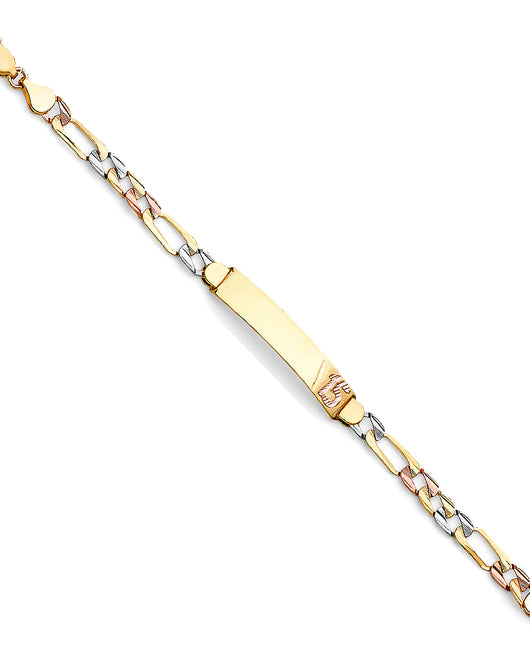 14K Tri-Color Gold Quinceañera ID Bracelet with Number “15” Accent and Figaro Chain Links