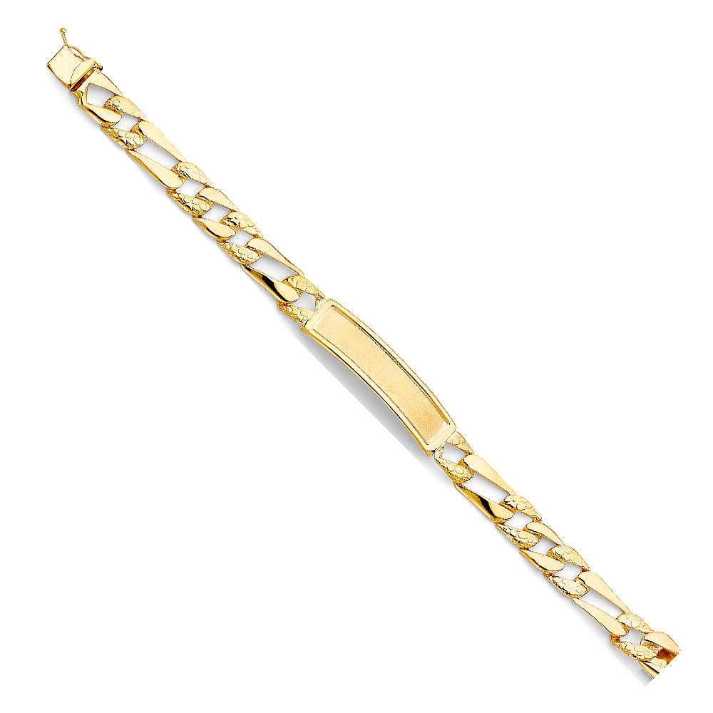 14K Yellow Gold Polished / Nugget  Light-Weight Figaro Link Men’s ID Bracelet 9.5mm Wide