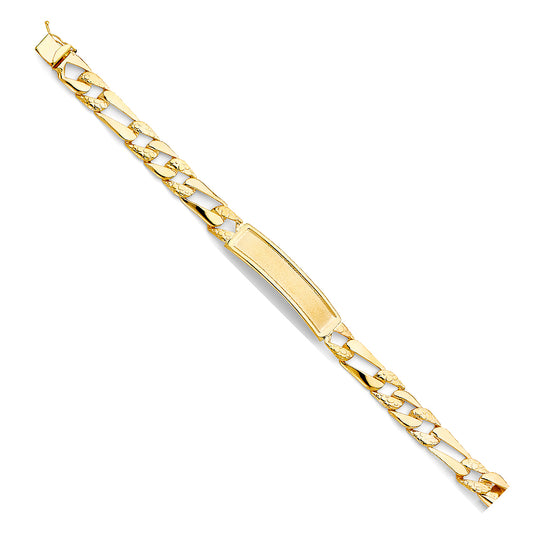14K Yellow Gold Polished / Nugget  Light-Weight Figaro Link Men’s ID Bracelet 9.5mm Wide
