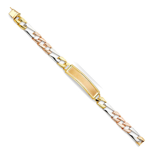 14K Tri-Color Gold Light-Weight Figaro Link Men’s ID Bracelet 10.5mm Wide