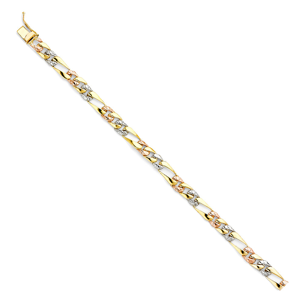 14K Tri-Color Gold Light-Weight Figaro Link Men’s Bracelet 6mm Wide