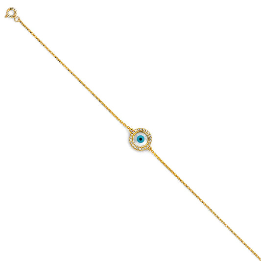 14K Yellow Gold CZ Evil Eye Bracelet 7"+1" Extension