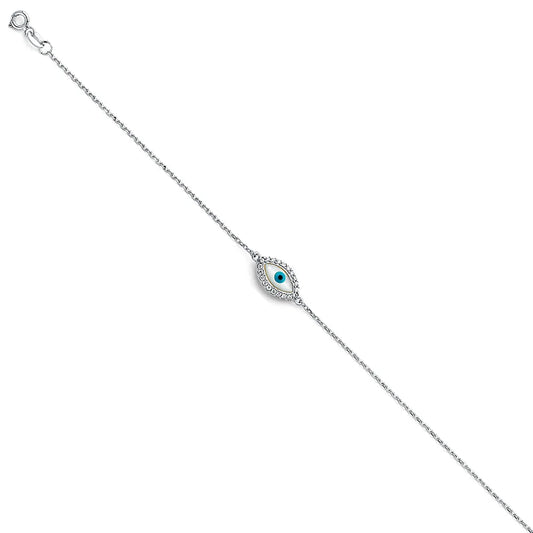 14K White Gold CZ Evil Eye Bracelet 7"+1" Extension