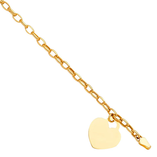 14K Yellow Gold Heart Charm Link Women's Bracelet Size 7.5"