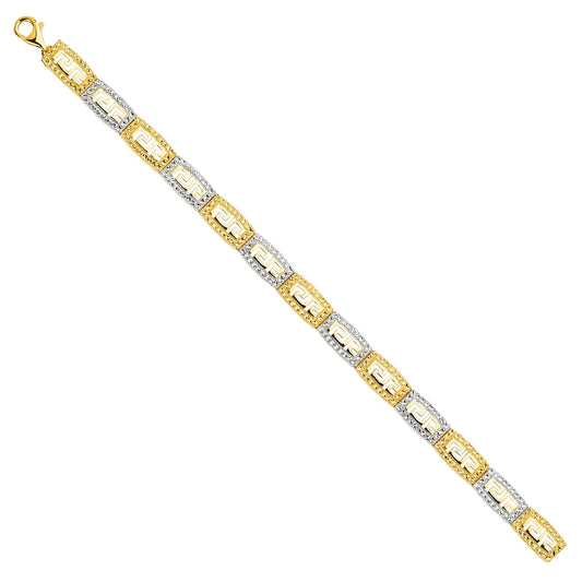 14K Two-Tone Gold Greek Key Diamond Cut Design Women's Bracelet size 7.5"