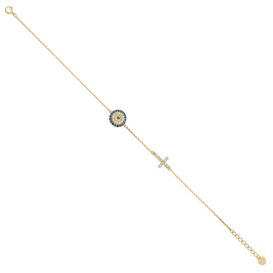 14K Yellow Gold Evil Eye & Cross Bracelet with Synthetic Sapphire Blue CZ 7"+1" Extension