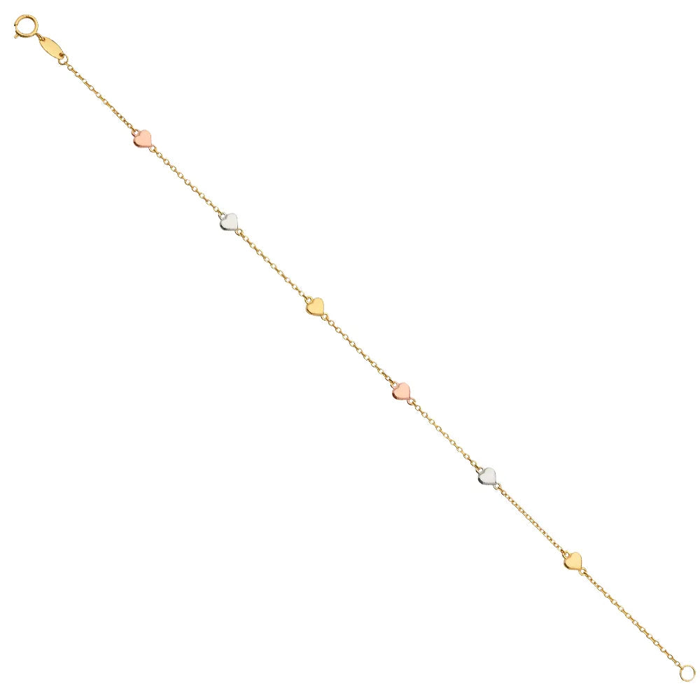 14K Tri-Color Gold Heart Design Chain Bracelet – size 7.25"
