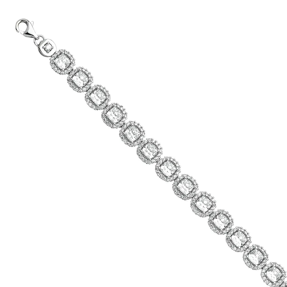14K White Gold Cushion Cut Halo CZ Women's Bracelet size 7.5"