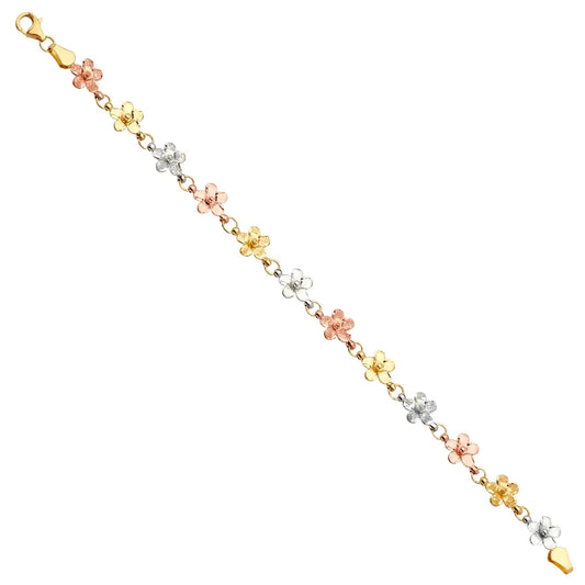 14K Tri-Color Gold Flower Link Women's Bracelet Size 7.5"