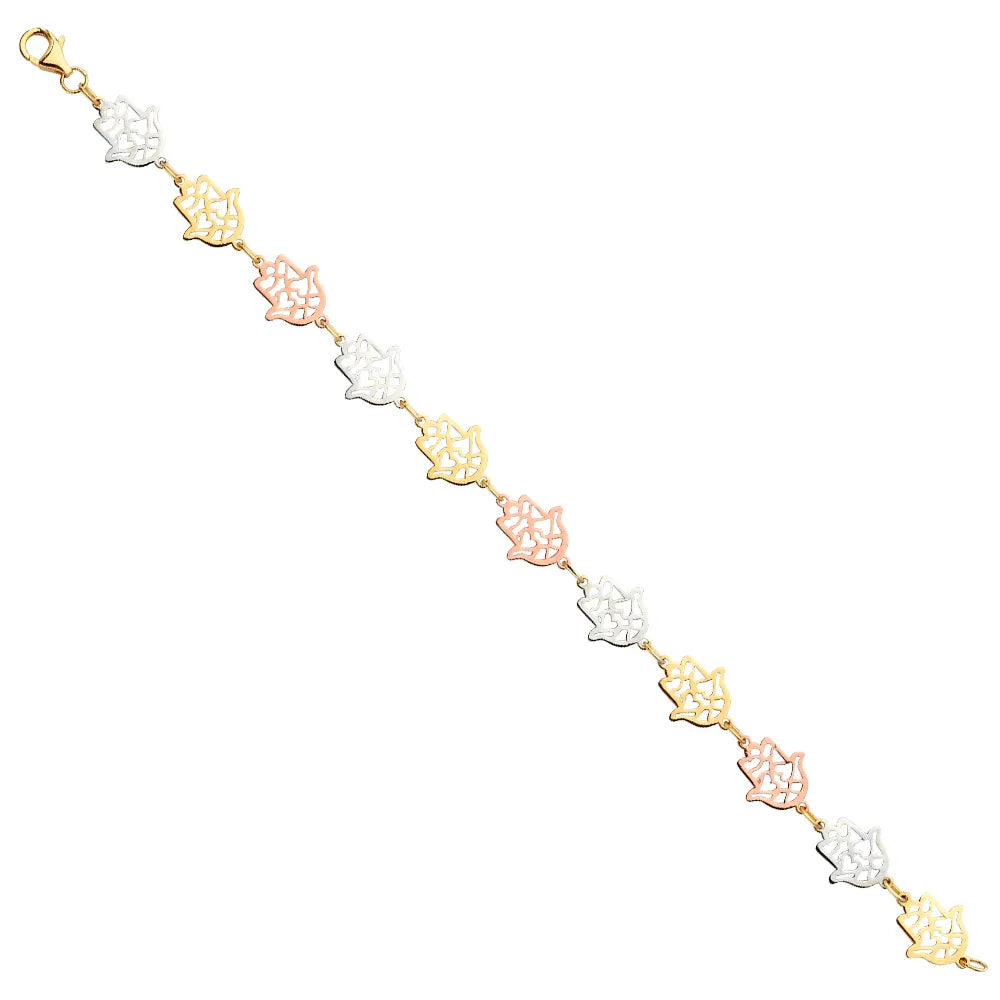 14K Tri-Color Gold Hamsa Link Women's Bracelet Size 7.5"